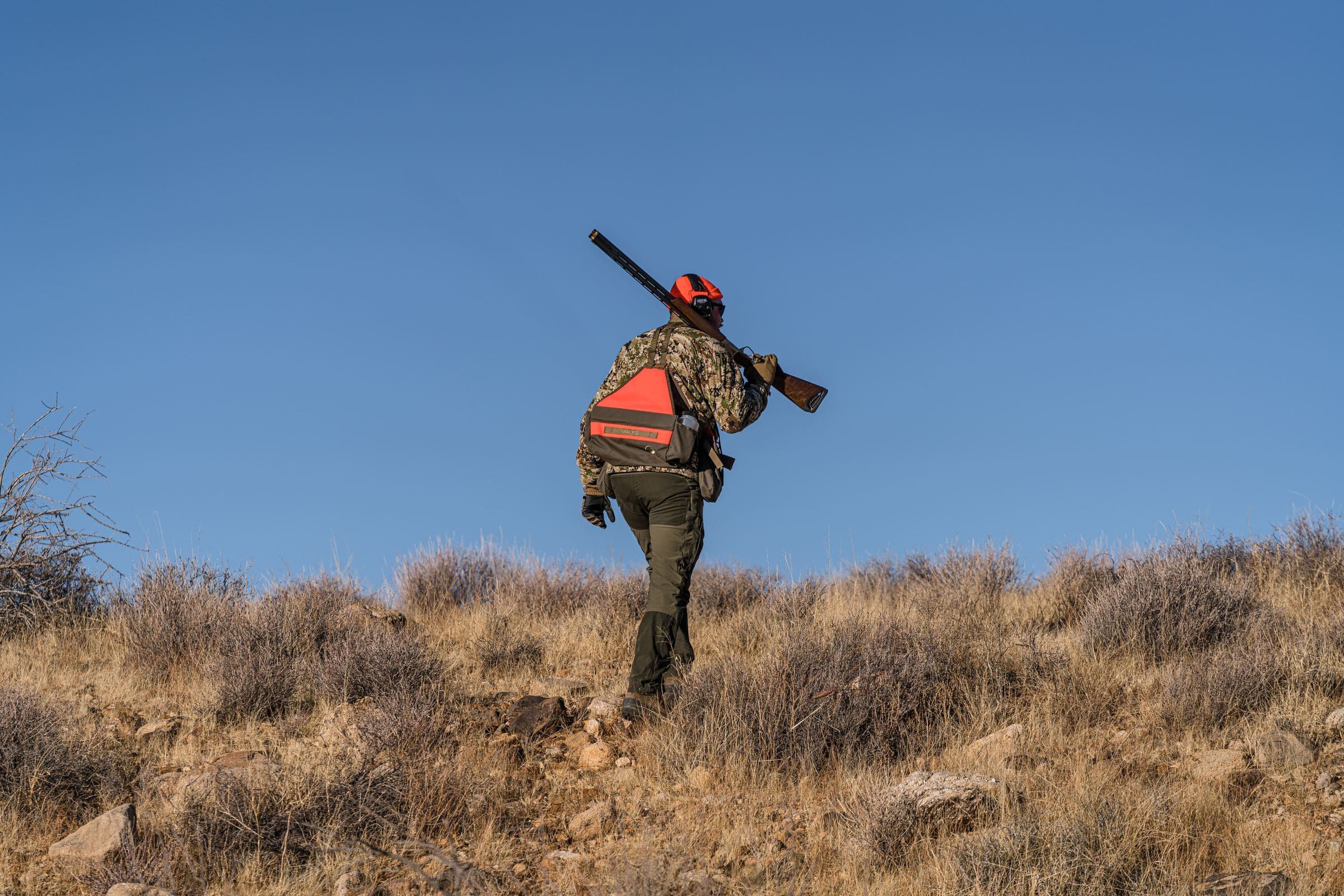 Hunter with a rifle over his shoulder climbs a grassy ridge under a clear blue sky